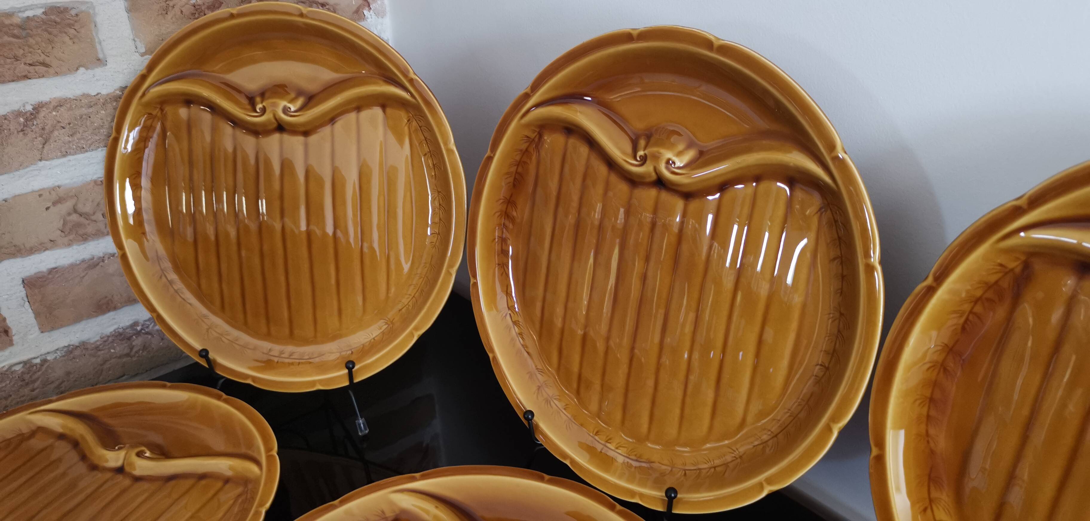 8 vintage Gien France asparagus plates in glazed brown slip