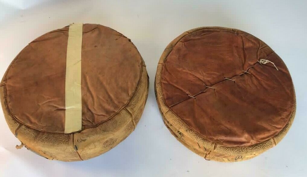 Pair of moroccan leather beanbags beautiful patina patina 1900