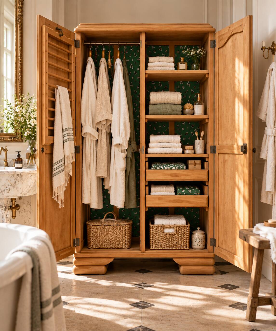 Parisian Art Deco wardrobe, renovated with raw wood.