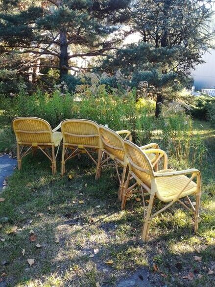 Set of 4 rattan and scoubidou armchairs