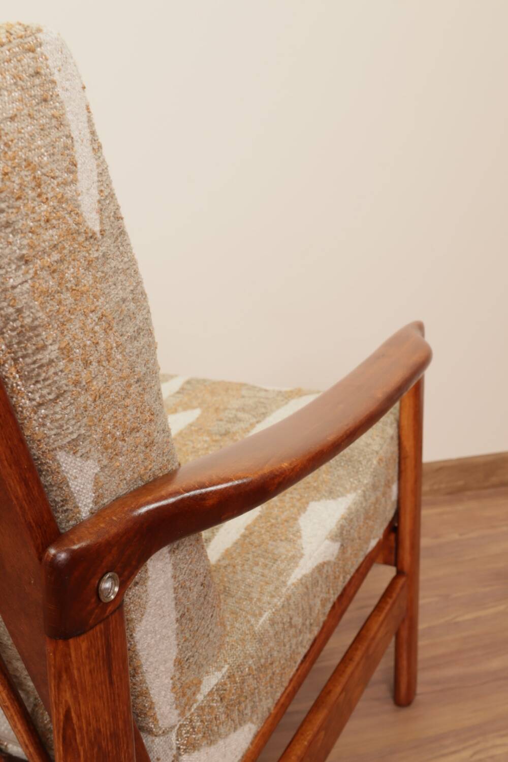 Vintage armchair in safari beige, 1965 mid-century modern design.