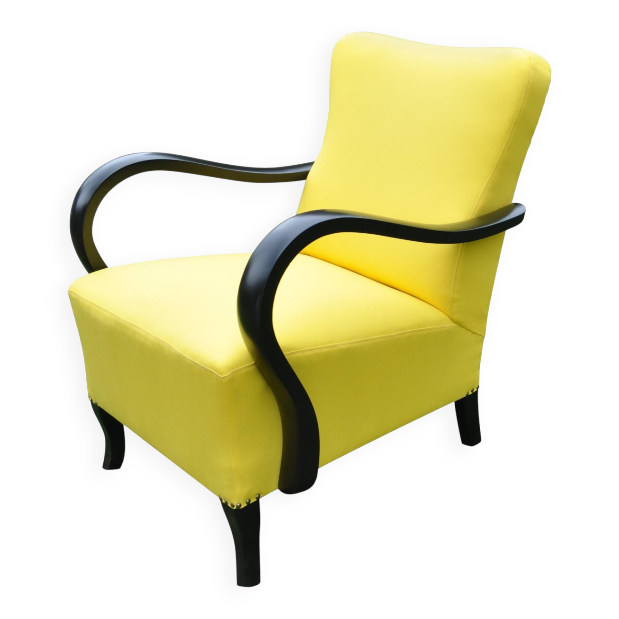 Art Deco armchair in yellow and black, made of painted wood and cotton, high back, 1920s.