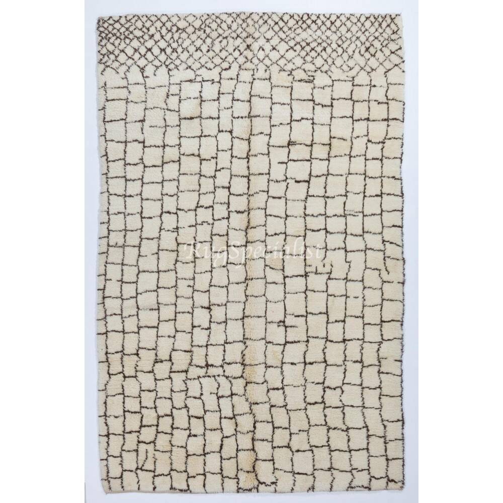 Modern Moroccan Berber Rug Made of Natural Ivory & Brown Wool, Beni Ourain Hand-Knotted Carpet