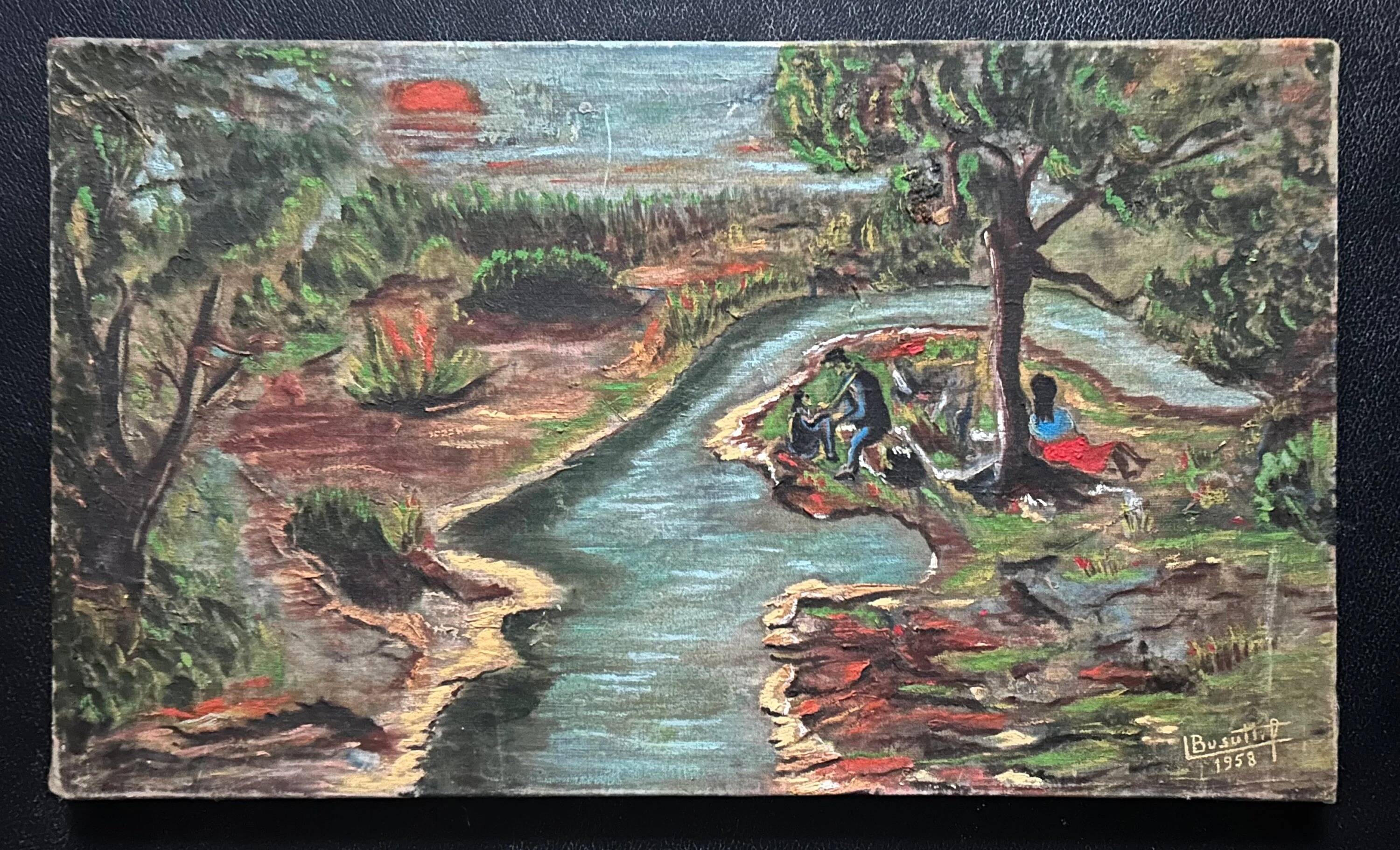 Vintage River Scene Oil Painting