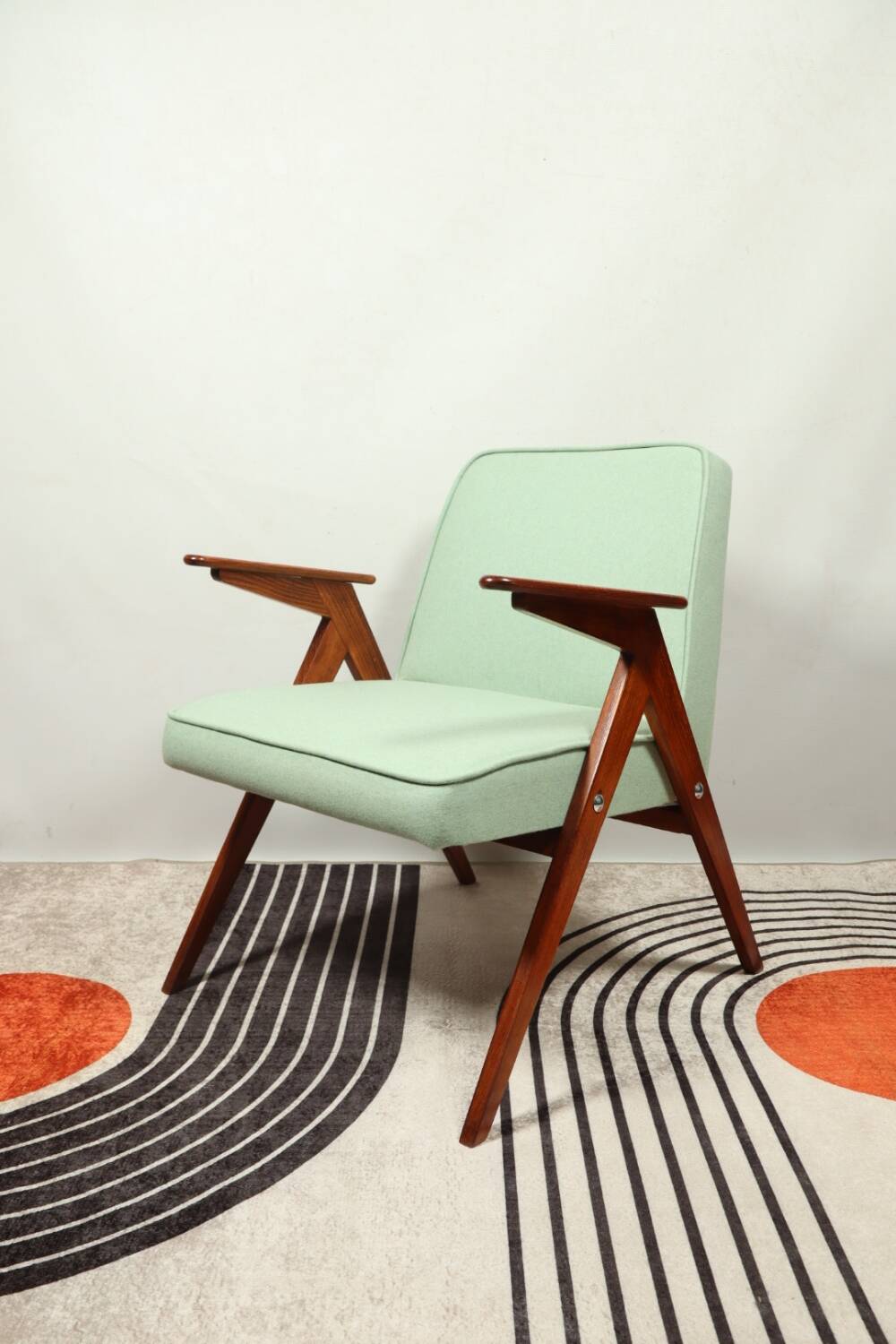 Vintage armchair in natural wool, Le vertu menthe, by Chierowski