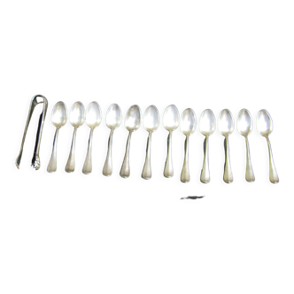 Set of twelve teaspoons and a sugar tongs