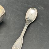 Duo of egg cup and its small white metal spoon (silverware) Ercuis