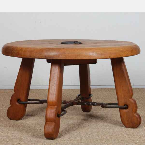 Round coffee table in solid oak and wrought iron, 1950.
