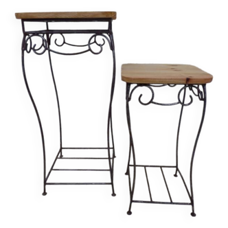 2 wrought iron stools with aged effect and wooden top - Completely refurbished