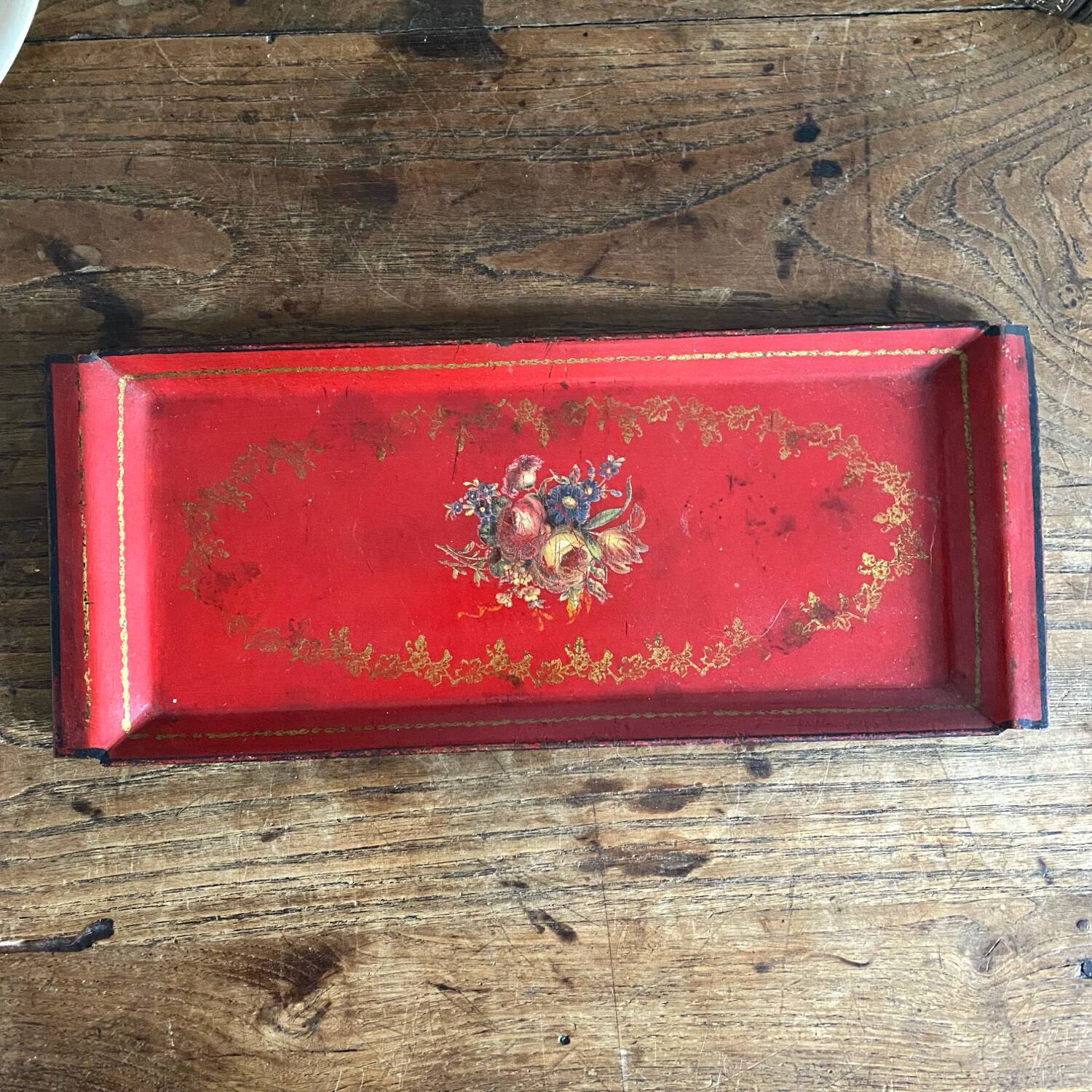 Antique metal tray with painted flowers
