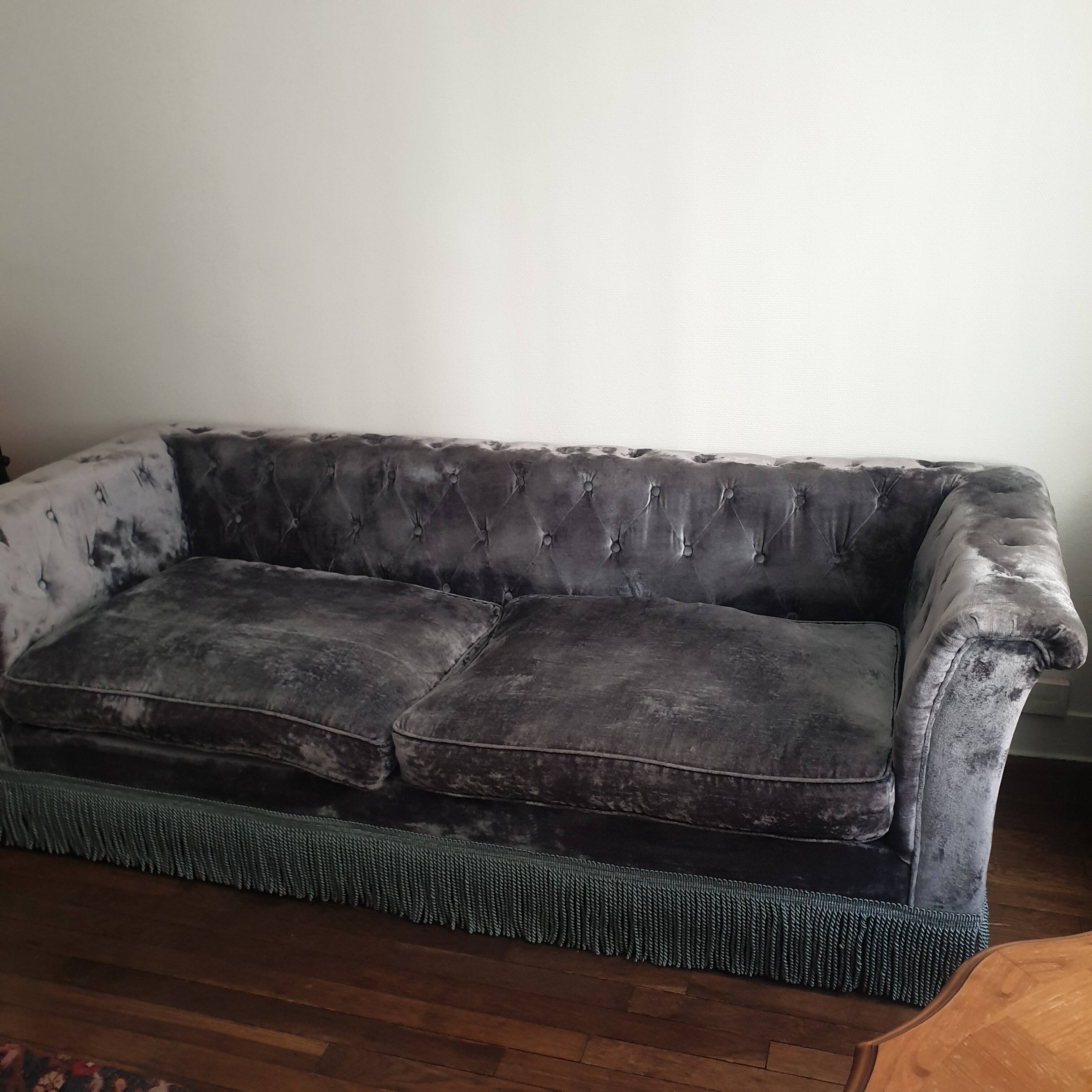 Canapé style Chesterfield vintage bleu gris velours