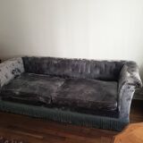 Canapé style Chesterfield vintage bleu gris velours