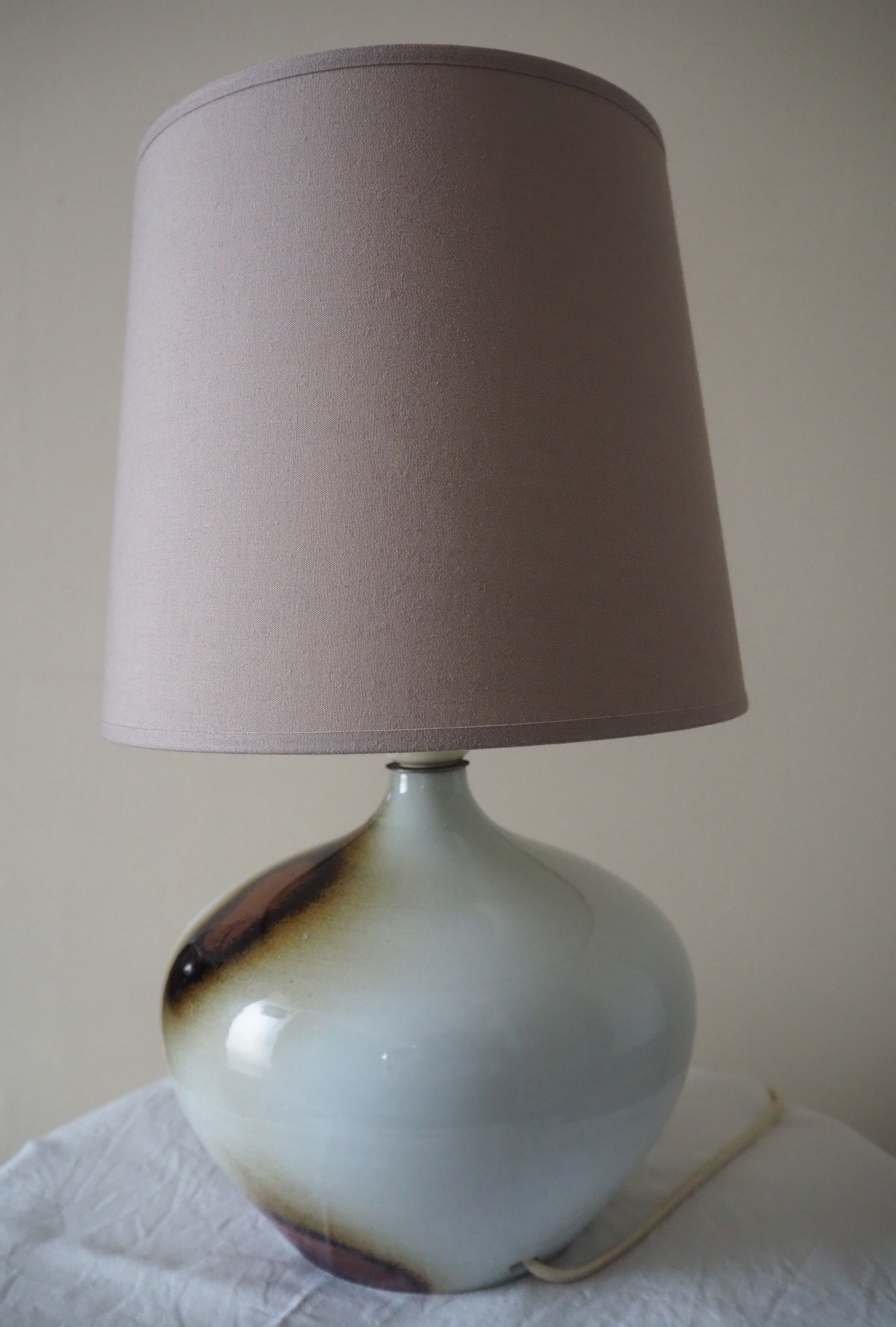 Enamelled ceramic ball lamp signed bossis and fabric lampshade