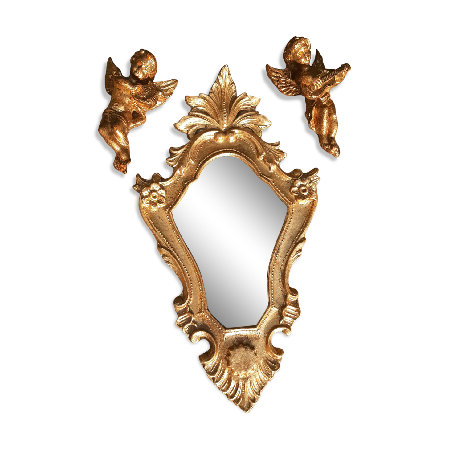 Miroir baroque bois doré et 2 angelots