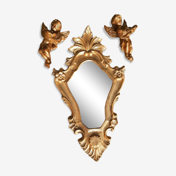 Miroir baroque bois doré et 2 angelots