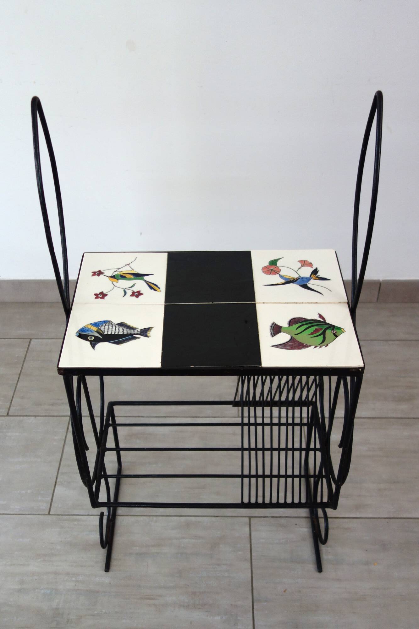 1960s metal and ceramic magazine and record rack