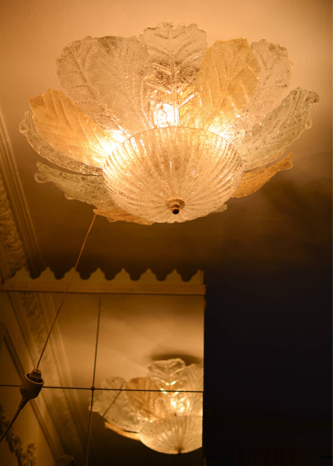 Vintage Murano chandelier/ceiling light with 16 white and amber leaves.