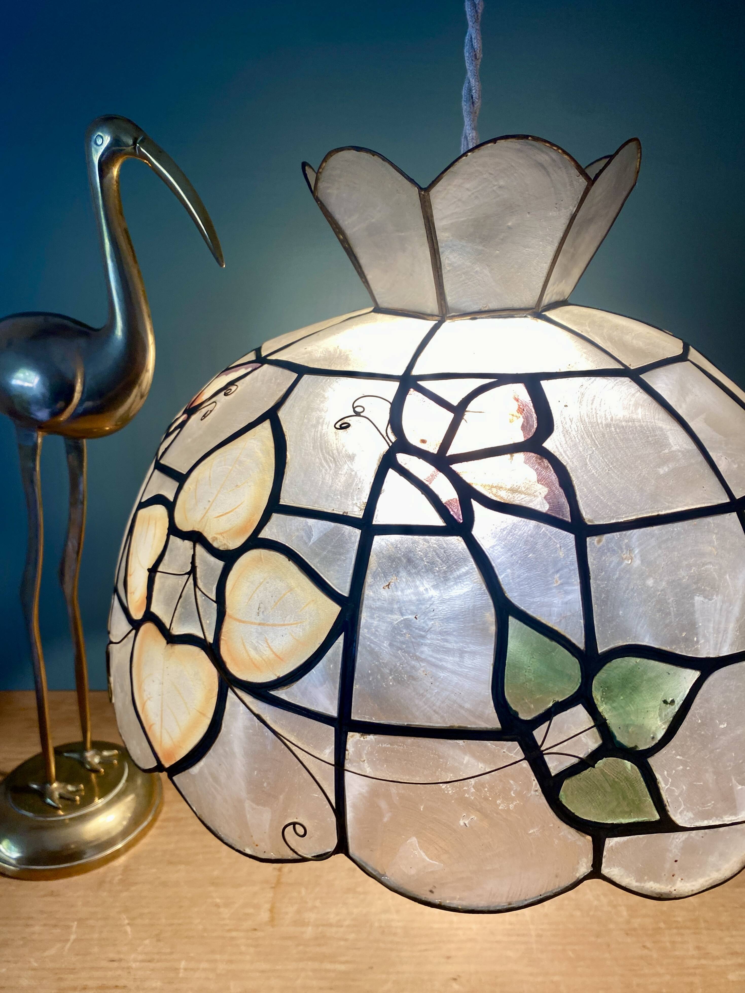 Vintage mother-of-pearl and brass lampshade pendant with flower and butterfly decorations