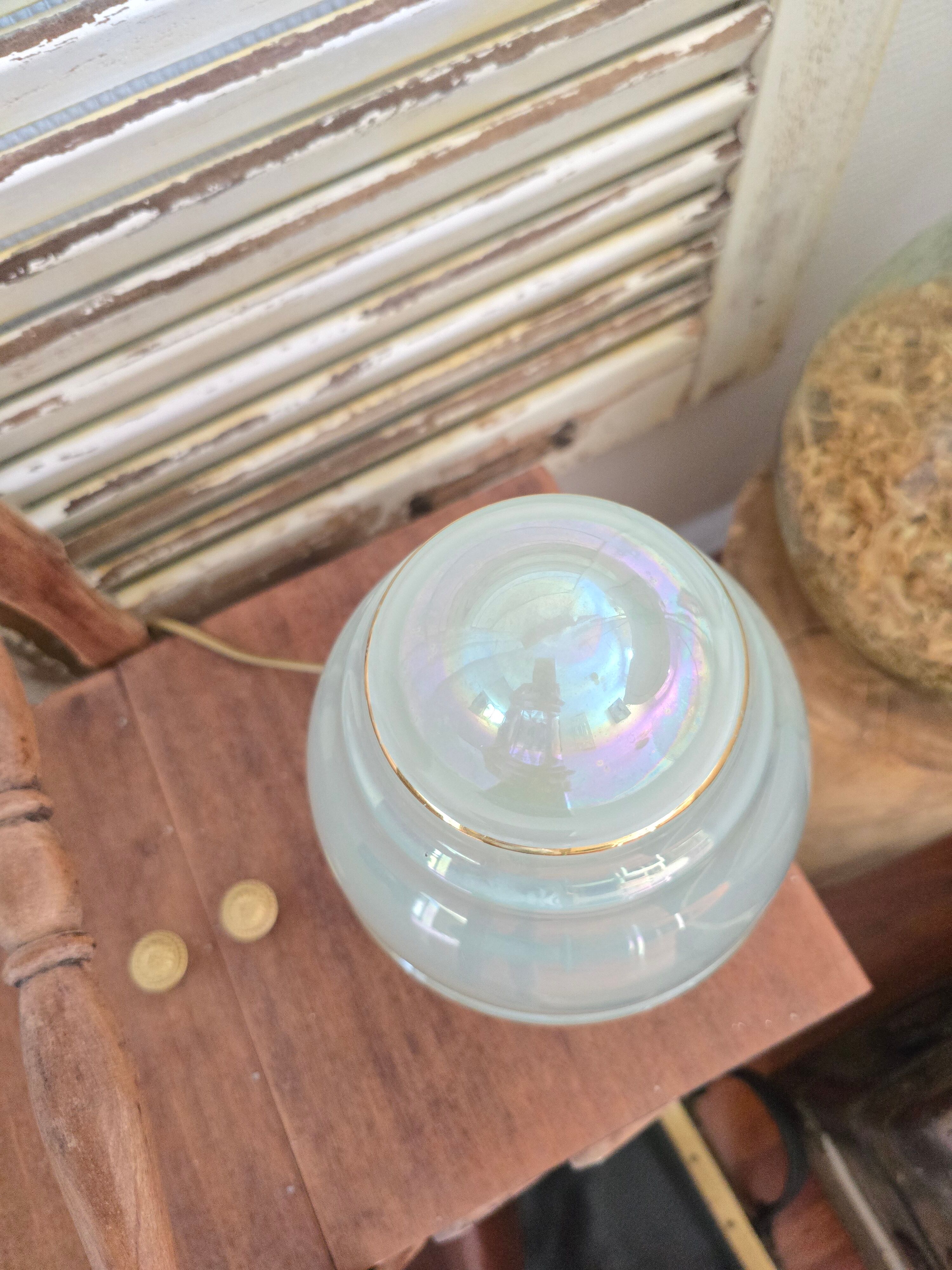 Opalescent ceiling light from the 1930s-40s converted into a table lamp.