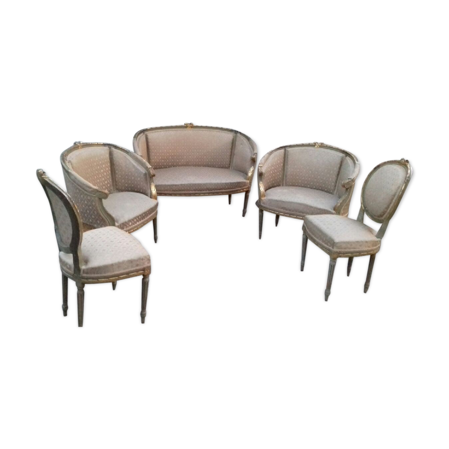 Golden lounge two armchairs and a gondola-shaped sofa and a pair of Louis XVI chairs