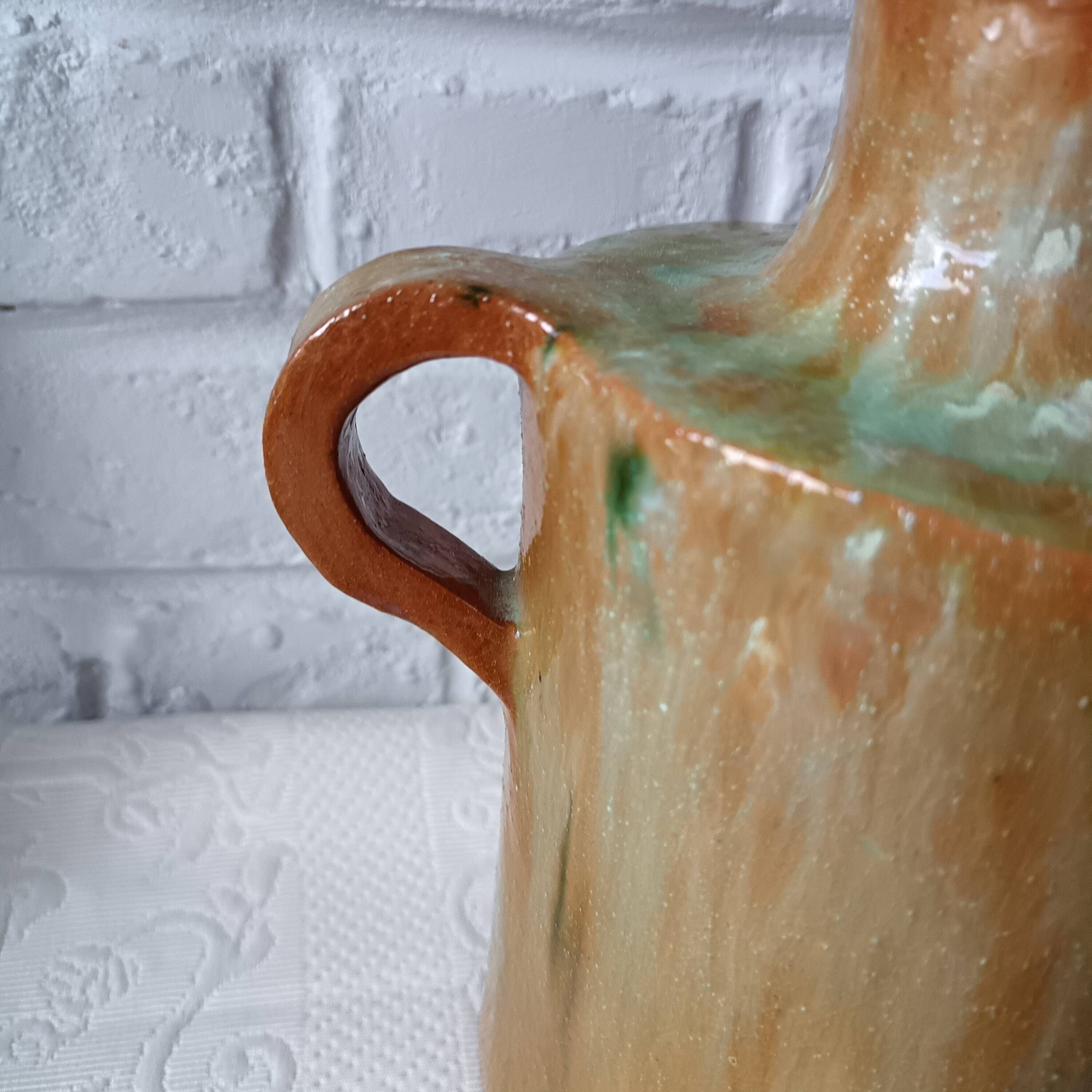 Vintage green enamelled handmade terracotta jar France