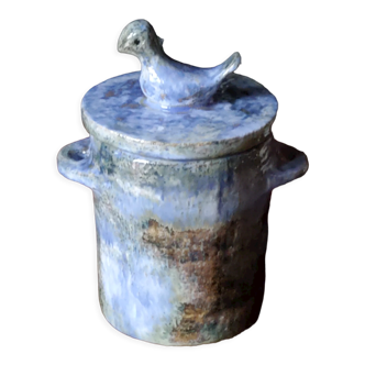 Pot couvert oiseau en céramique des années 70 signé mp