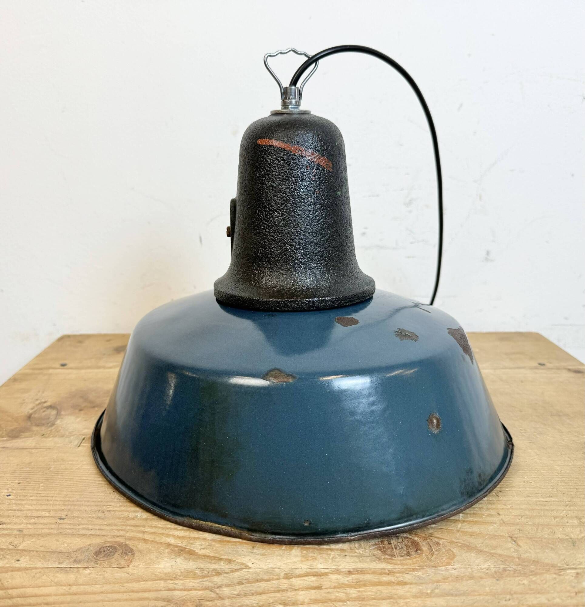 Industrial Blue Enamel Factory Lamp with Cast Iron Top, 1960s