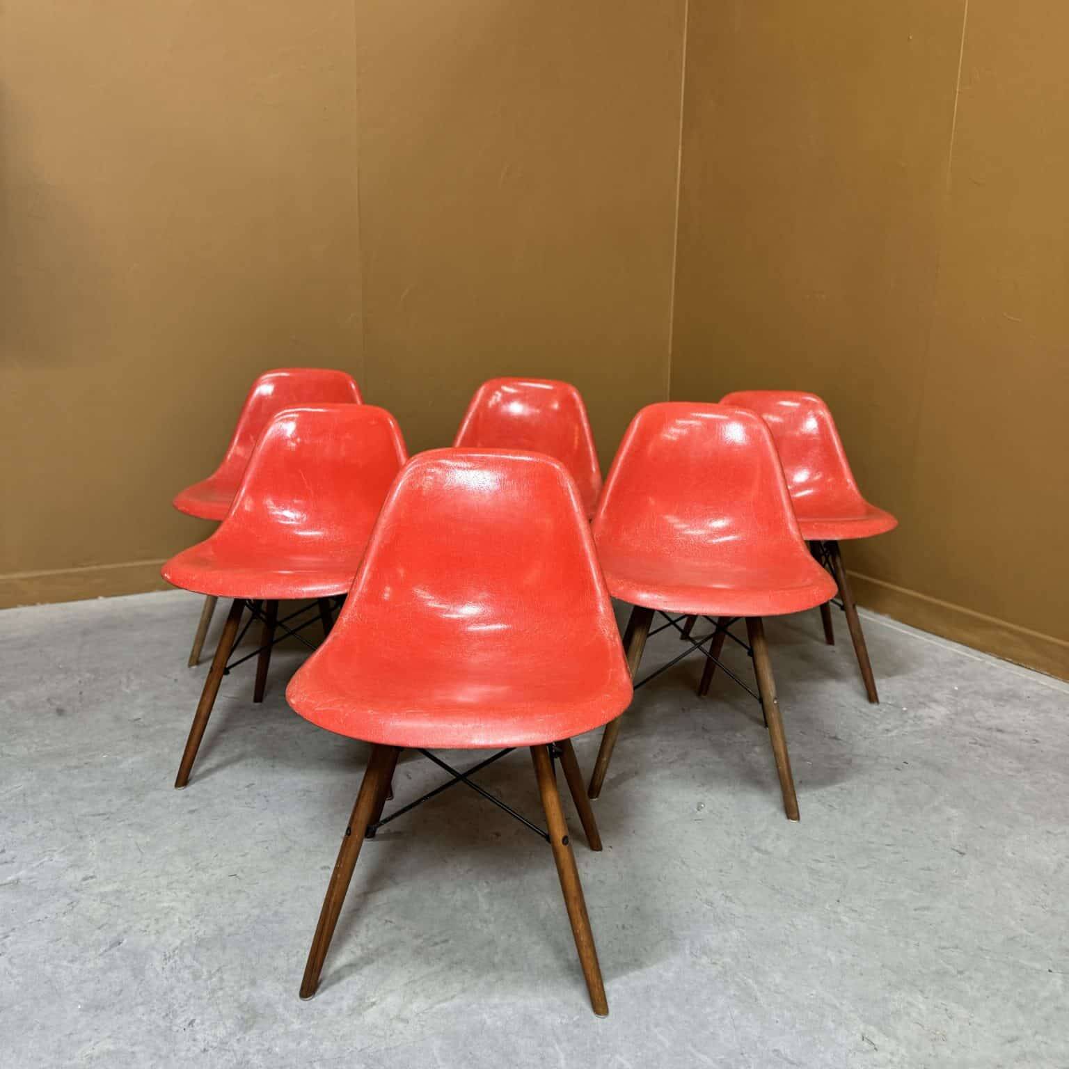 Set of 6 vintage red DSW chairs by Charles and Ray Eames