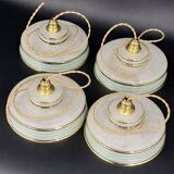 Set of 4 Art Deco pendant lights in frosted water green and gold.