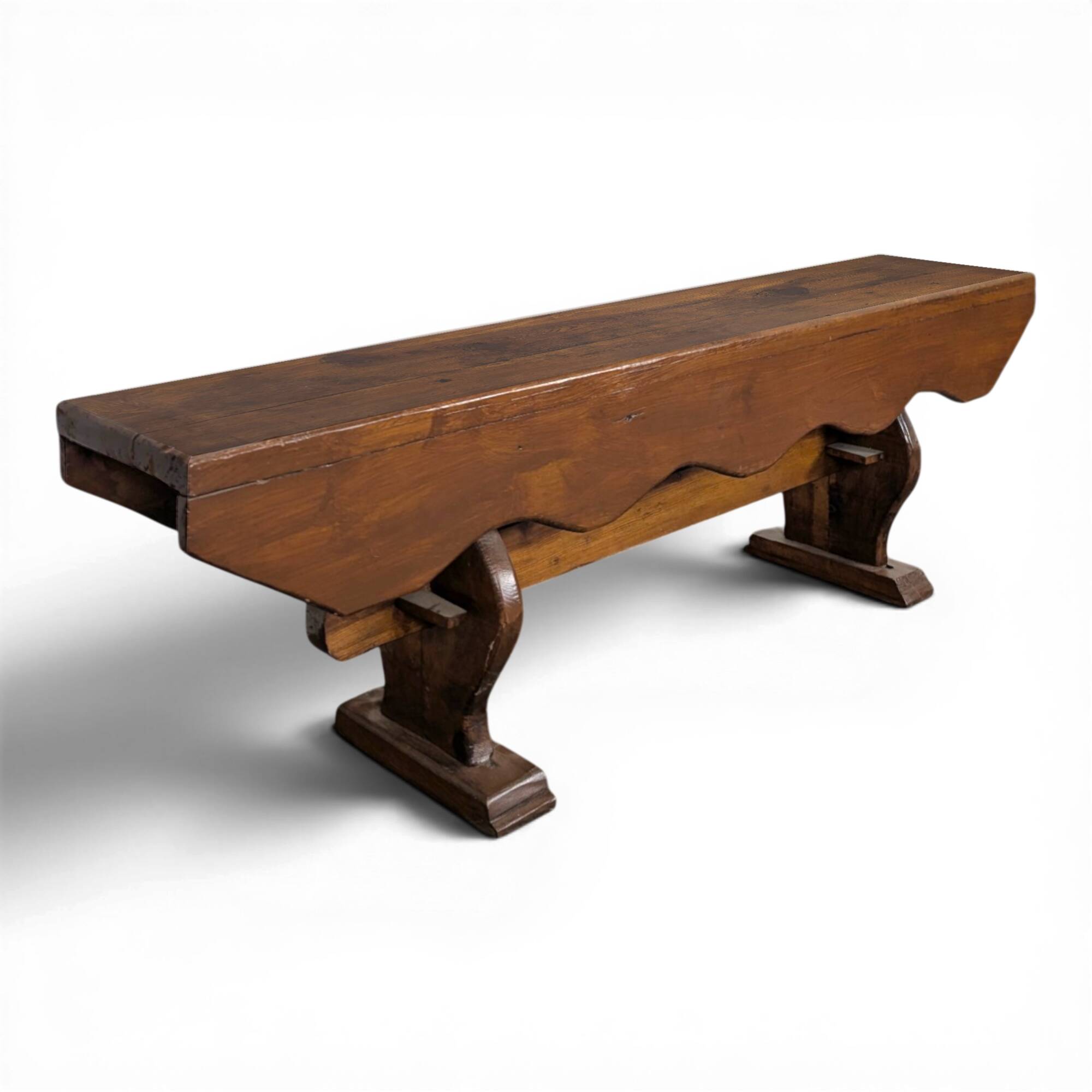 Rustic bench in solid oak with a small dowel size.