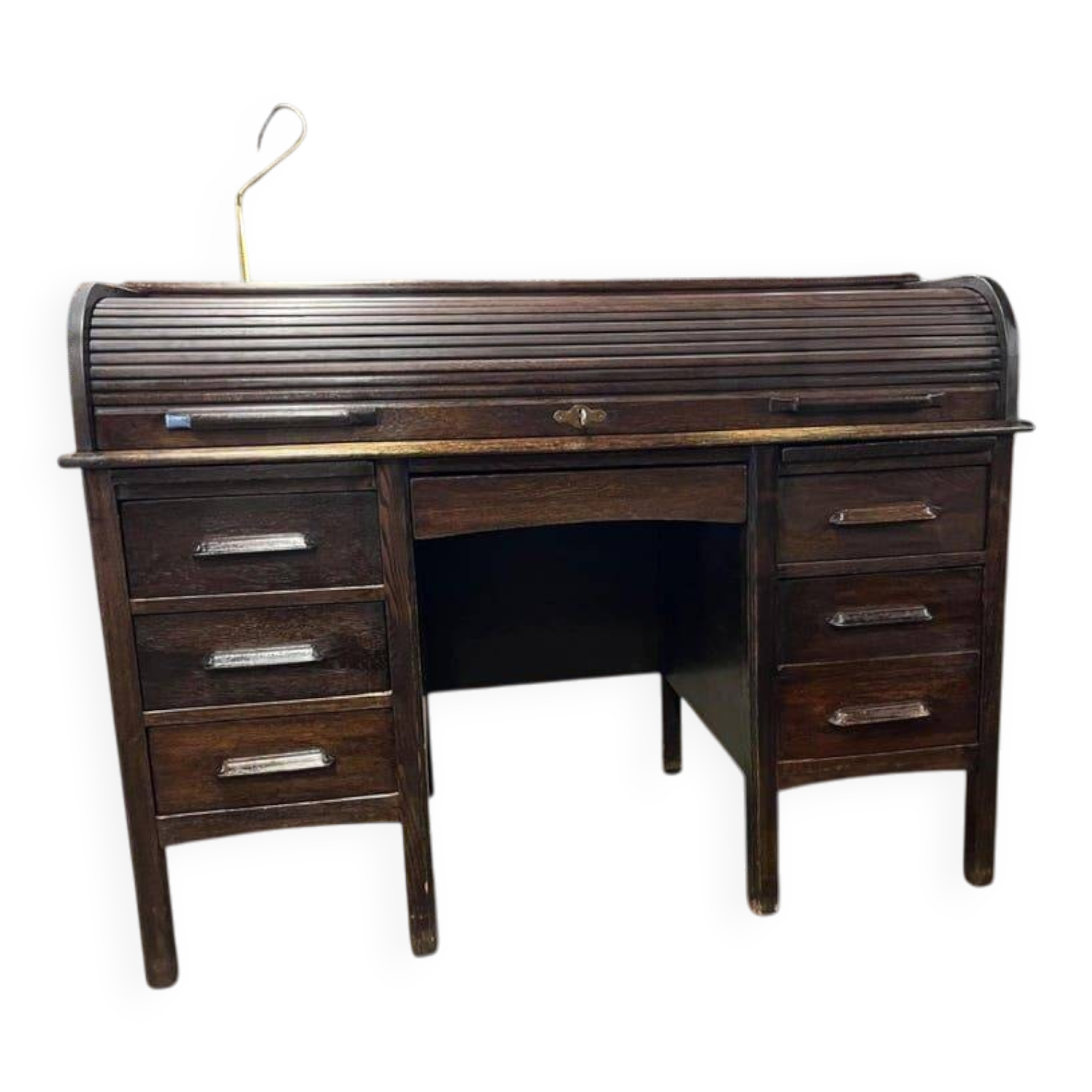 Vintage American wooden desk with a roll-top.