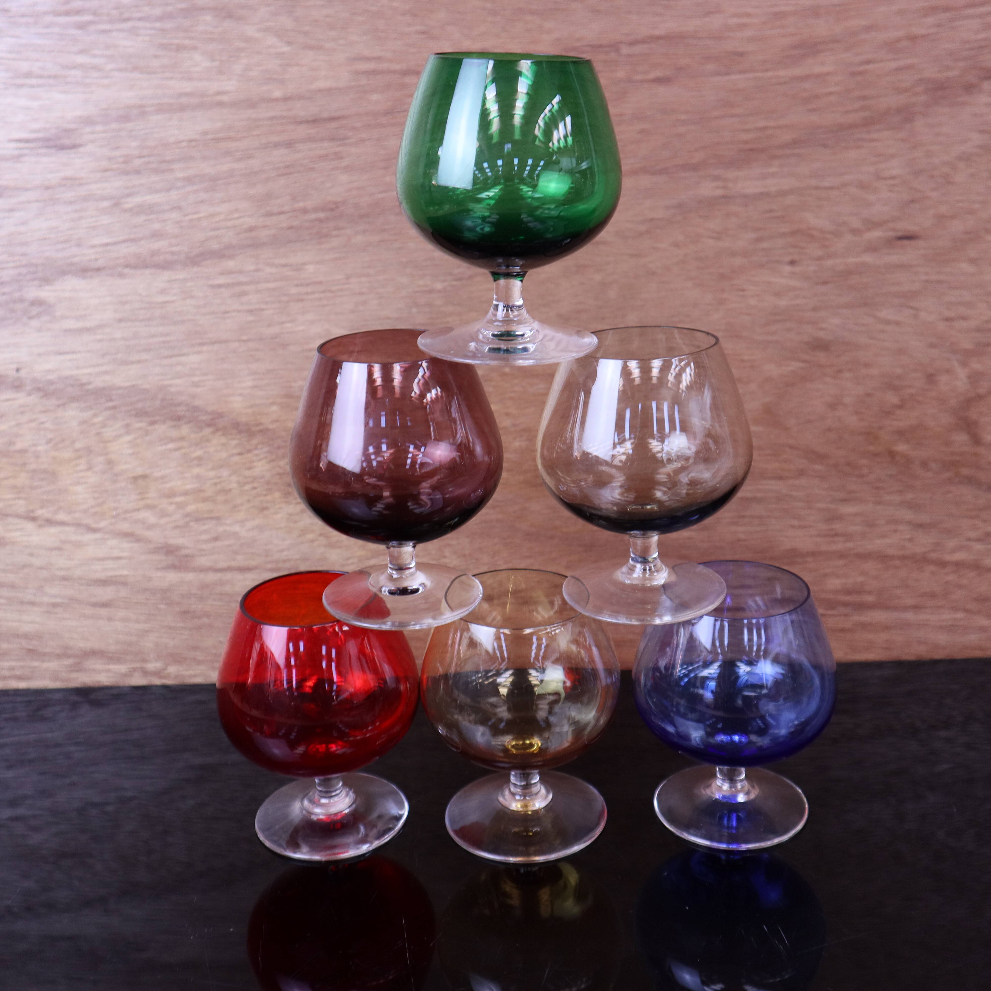 6 vintage coloured cognac glasses