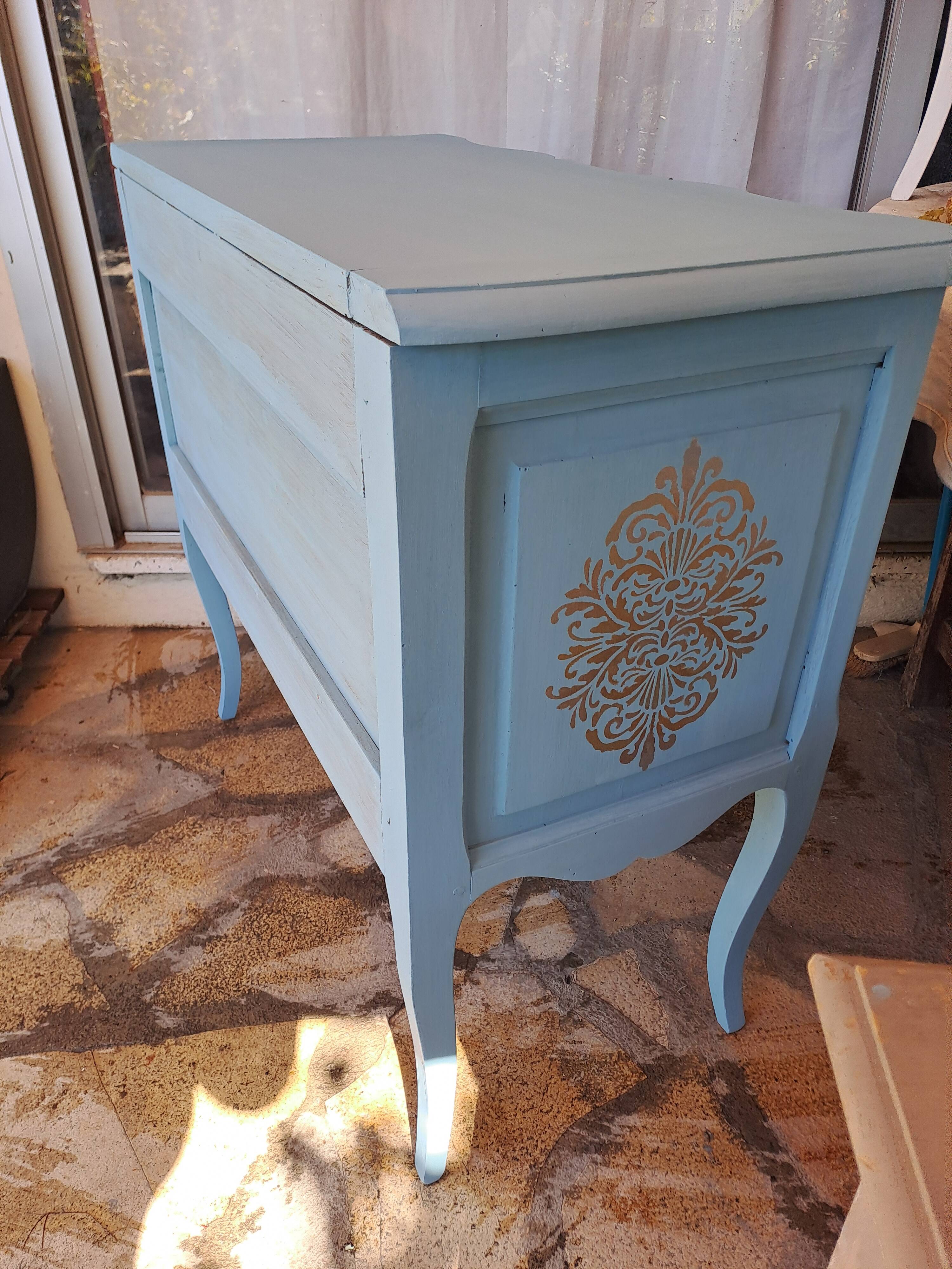Louis XV style solid wood chest of drawers repainted in lagoon blue with 2 drawers