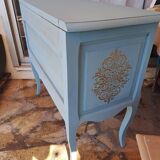 Commode en bois massif repeint bleu lagune style Louis XV à 2 tiroirs