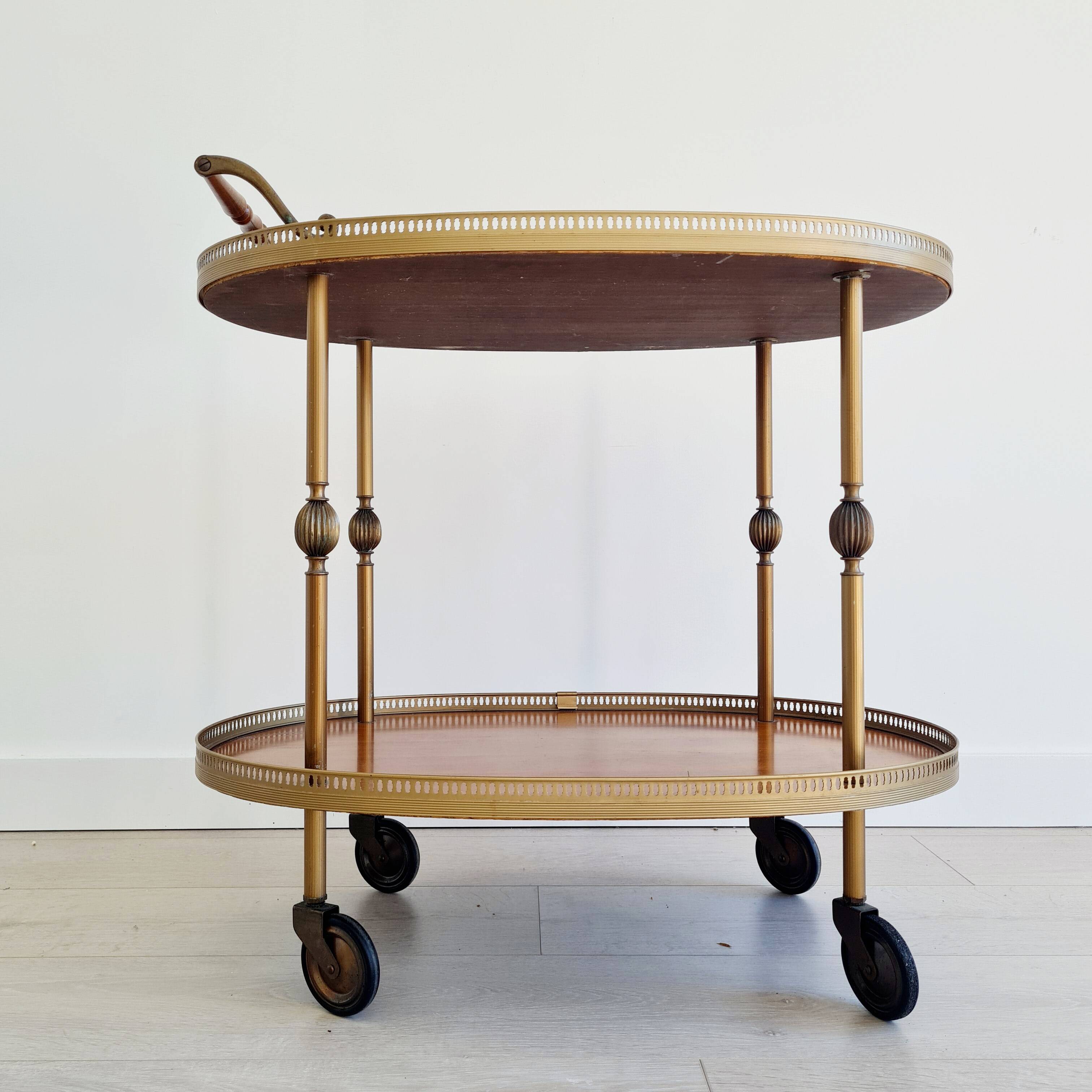 Antique brass rolling oval tray trolley