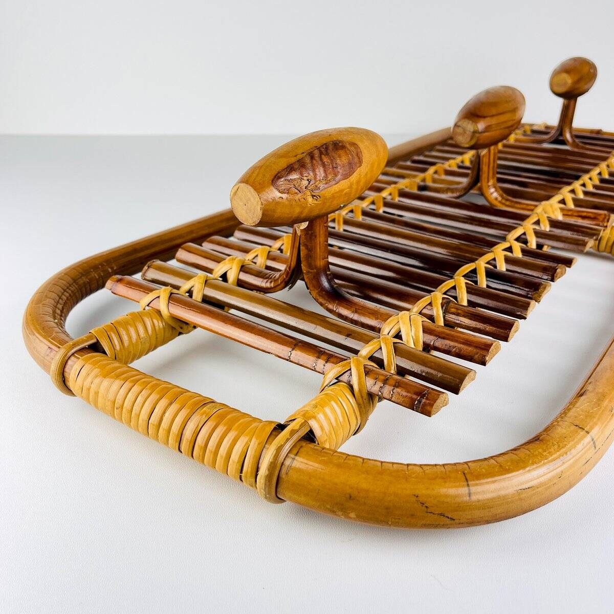 Bamboo and rattan coat rack in mid-century style attributed to Olaf Von Bohr, Italy, 1950s.