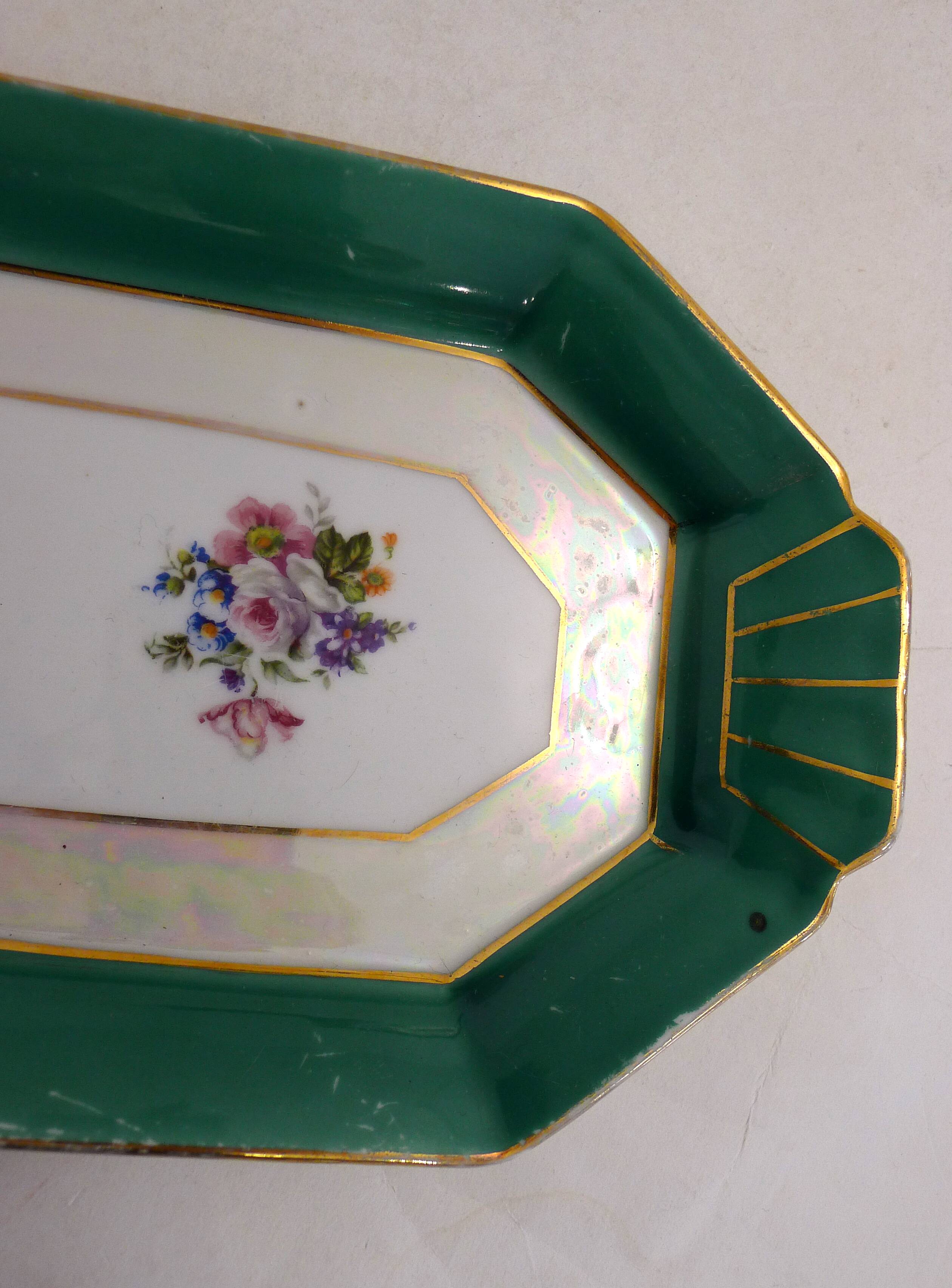 Art Deco floral iridescent cake dish in Limoges porcelain
