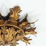 Plafonnier italien vintage lampe florentine feuilles en métal style régence hollywoodienne