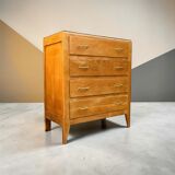 Vintage chest of drawers with tapered legs, solid raw oak, 1960.