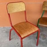 set of 4 mismatched school chairs multi-colored industrial vintage school