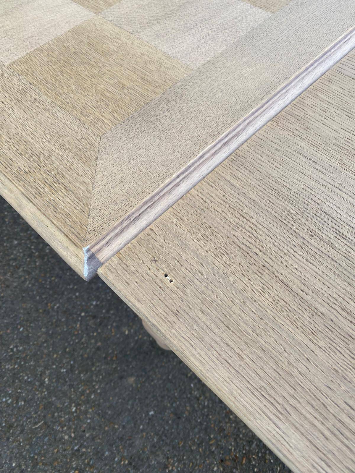 Extendable rectangular farmhouse table renovated oak and marquetry 255cm
