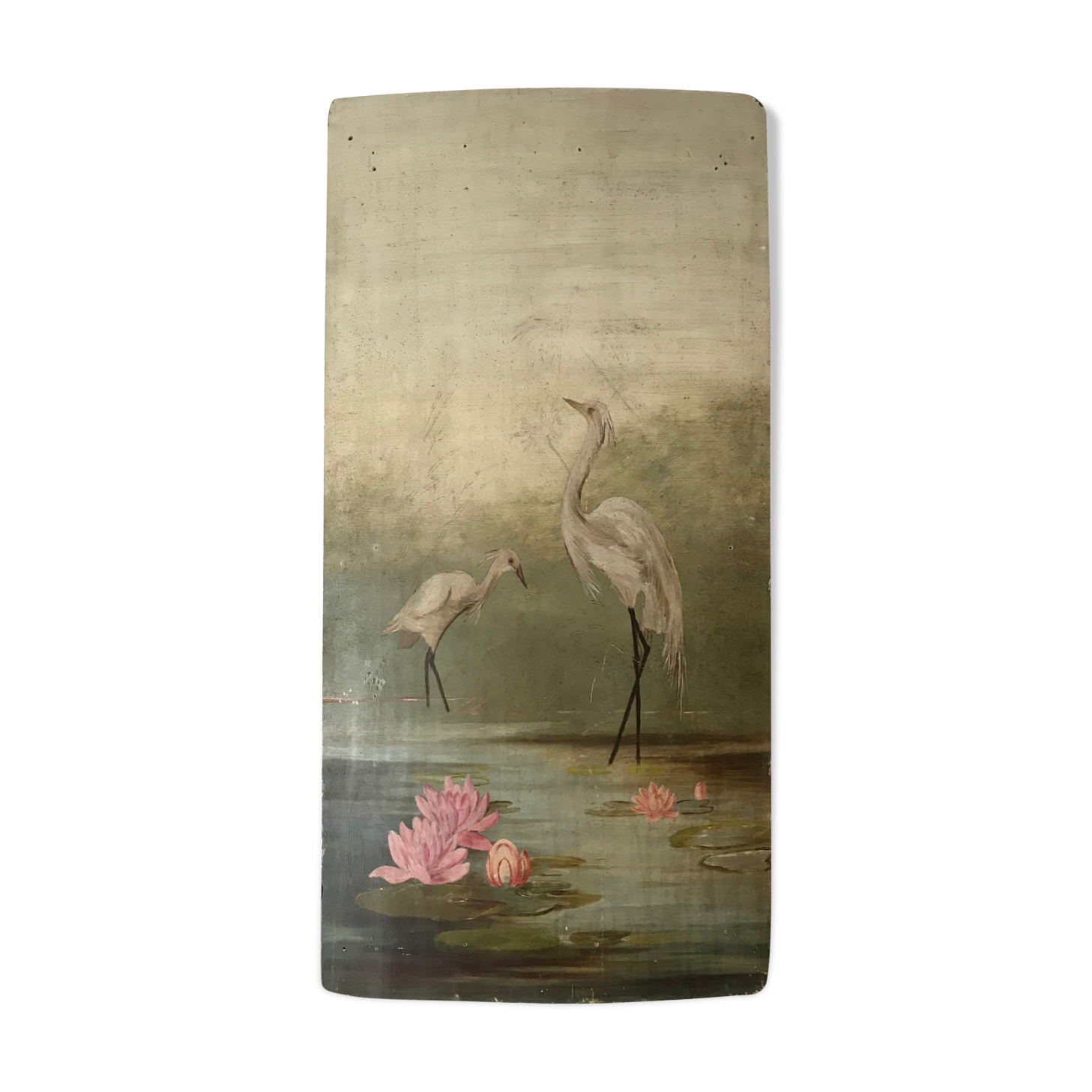 Oil on old panel heron egrets