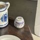 Small water butter dish in vintage earthenware with blue and orange floral patterns D10