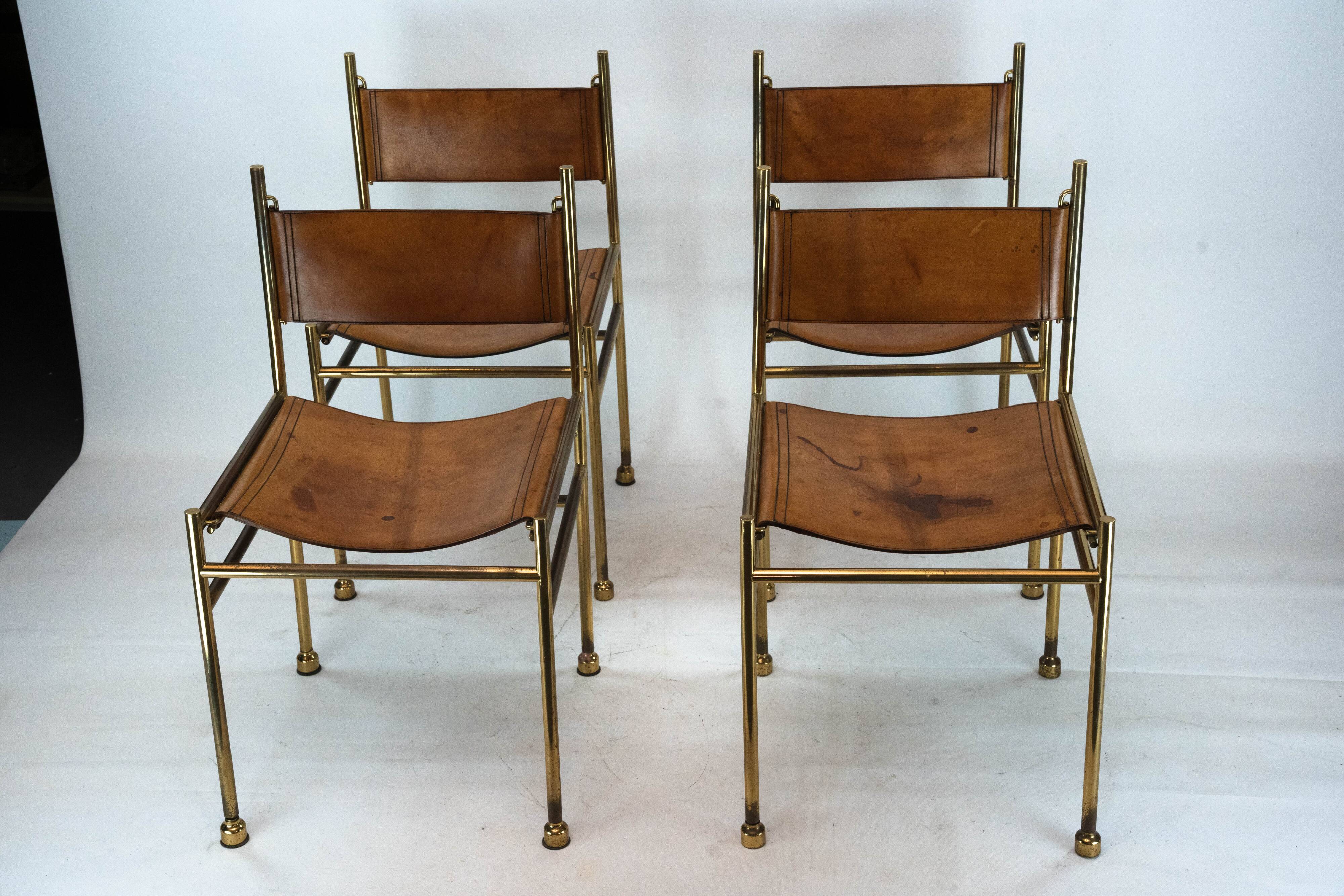 Set of 4 Brass and Leather Chairs by Luciano Frigerio, Italy, 1970s
