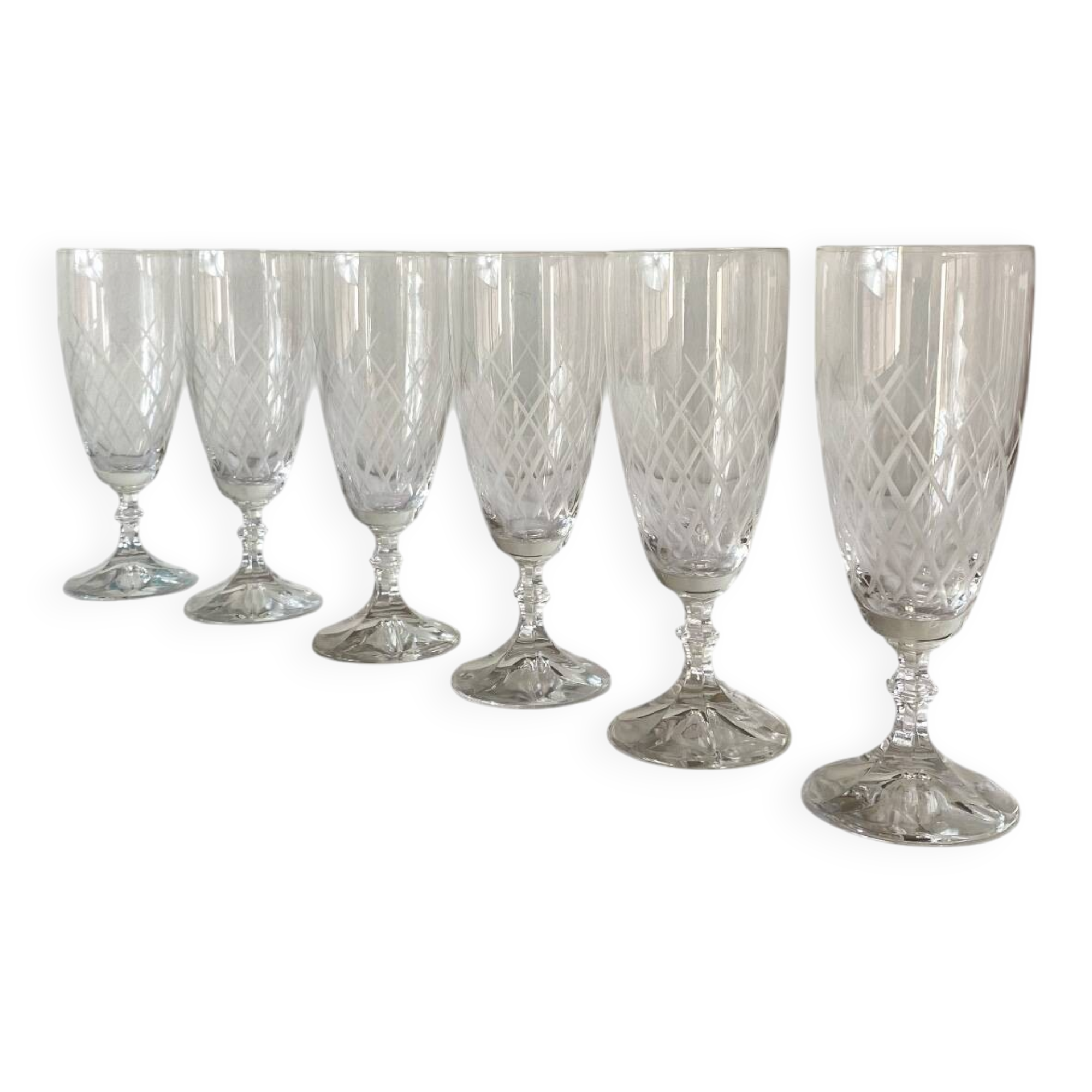 6 engraved antique champagne flutes