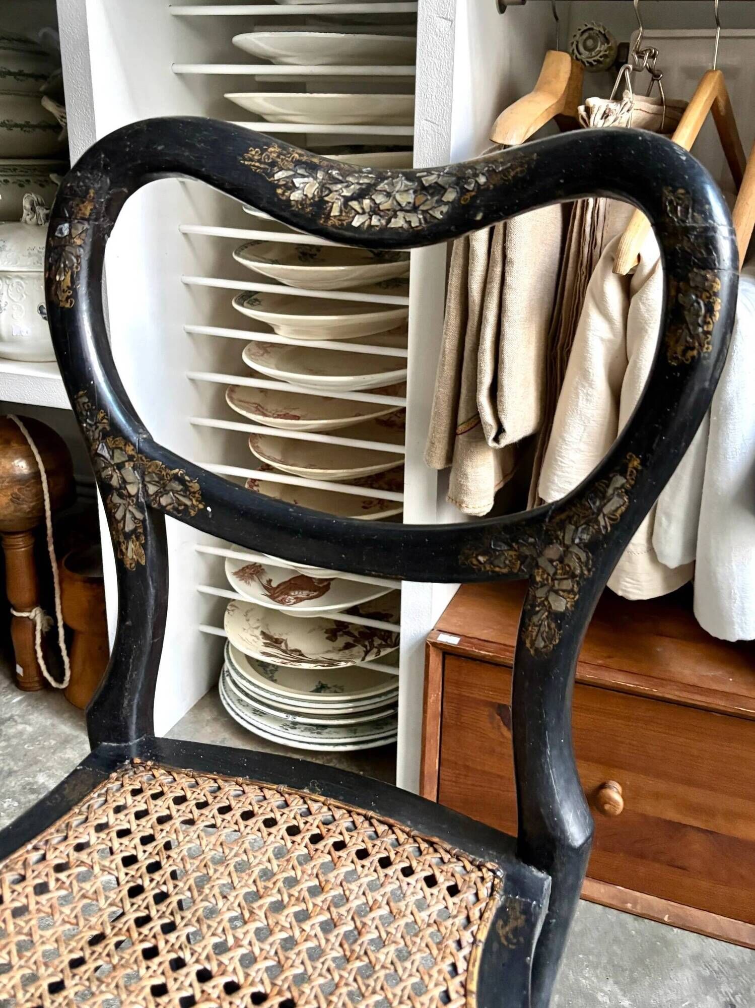 Napoleon III chair in black wood, mother-of-pearl and caning no. 1