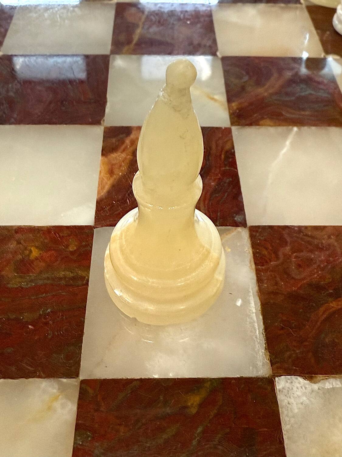 Vintage brown and white alabaster chess board hand carved pieces