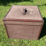 Antique travel trunk, wooden and leather transport case, 1900