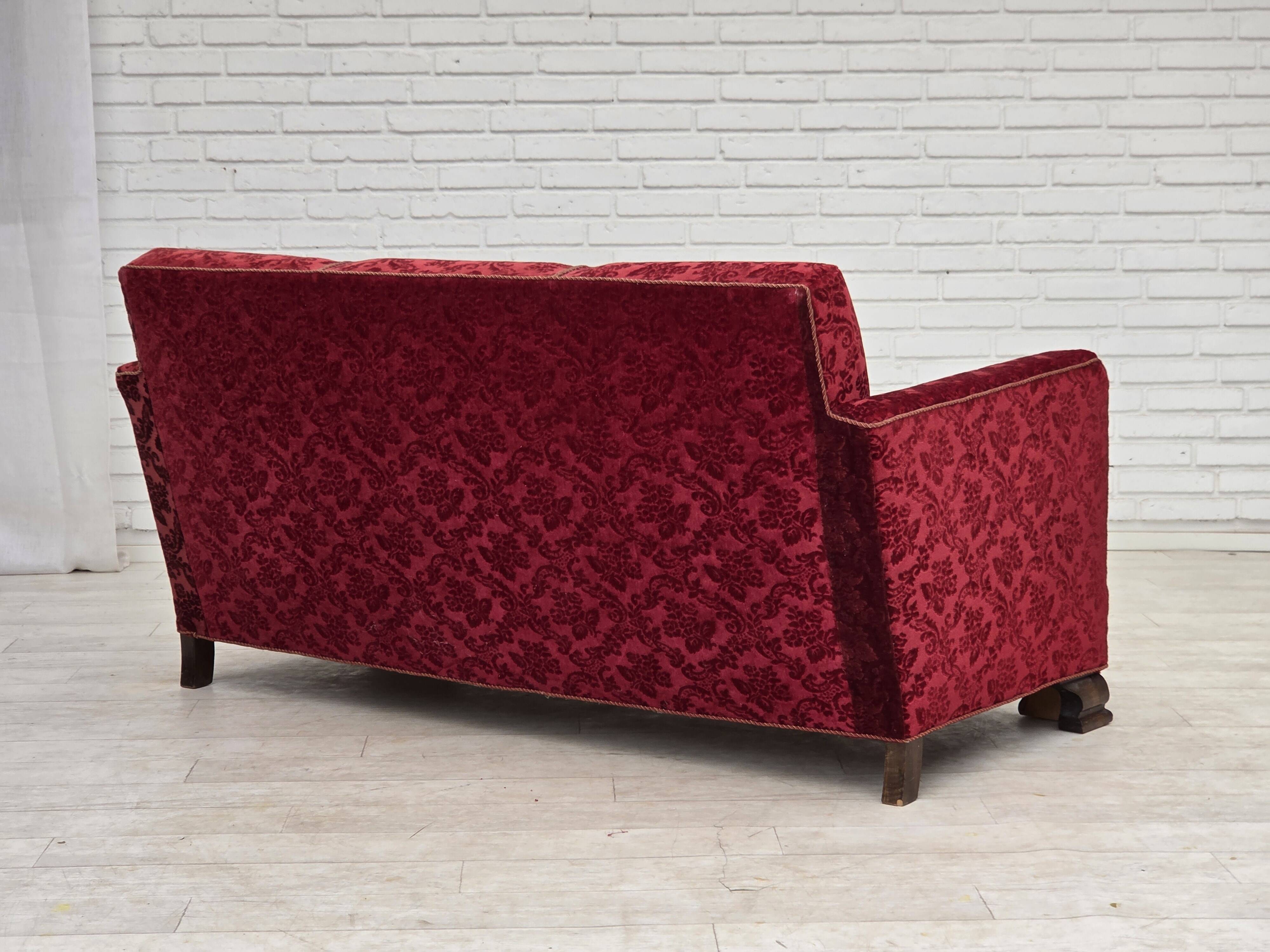 1950s, Danish 3-seater sofa, furniture velour, oak wood.
