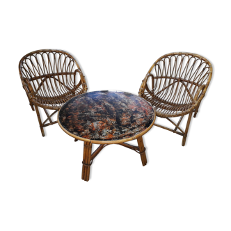 Paire fauteuils rotin et table